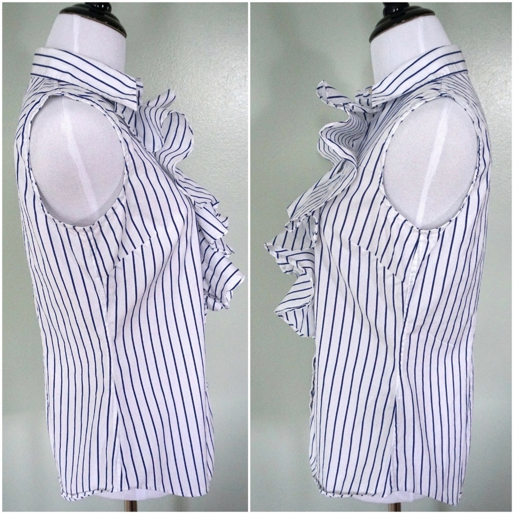 RALPH LAUREN White Blue Striped Sleeveless Shirt - Picture 2 of 3